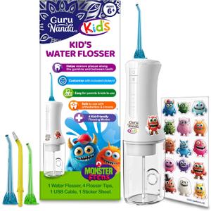 GuruNanda Kids Water Flosser – Portable Oral Irrigator for Children Ages 6+, 4 Gentle Modes, 4 Nozzles, 2-Min Smart Timer, Cordless, BPA-Free, Monster Frens Theme Kids Floss for Braces, Sensitive Gums