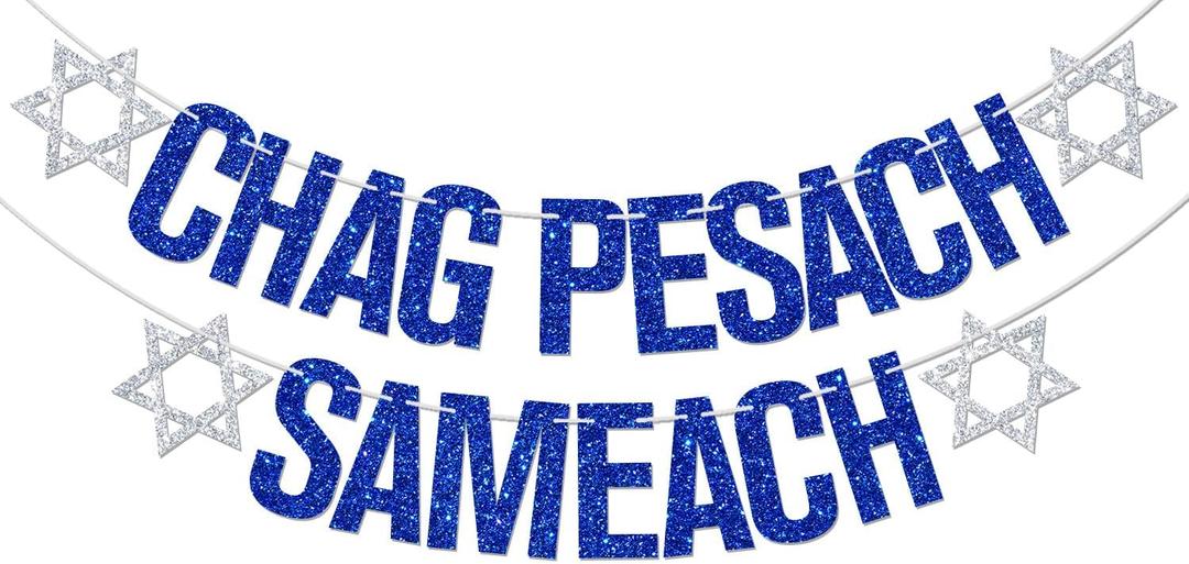 Chag Pesach Sameach Banner, Happy Passover Decorations, Egypt Festival Holiday Party Decoration Supplies, Jewish Pesach Festival Matzo Banner Blue & Silver Glitter