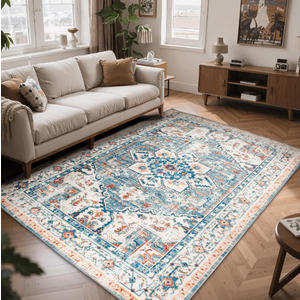 Boho Area Rugs 5x7 Washable Non-Slip,5 by 7 Low-Pile Retro Vintage Oriental Inspired Persian Style Bohemian Rug with Rubber Backing,Blue Carpet for Living Room,Bedroom,Dining Room Under Table,Office