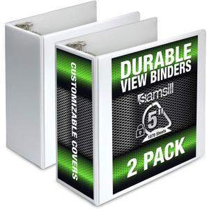 Samsill Durable 5 inch 3 Ring Binder, Locking D Ring 100% Recycled Chipboard, White, 2 Pack