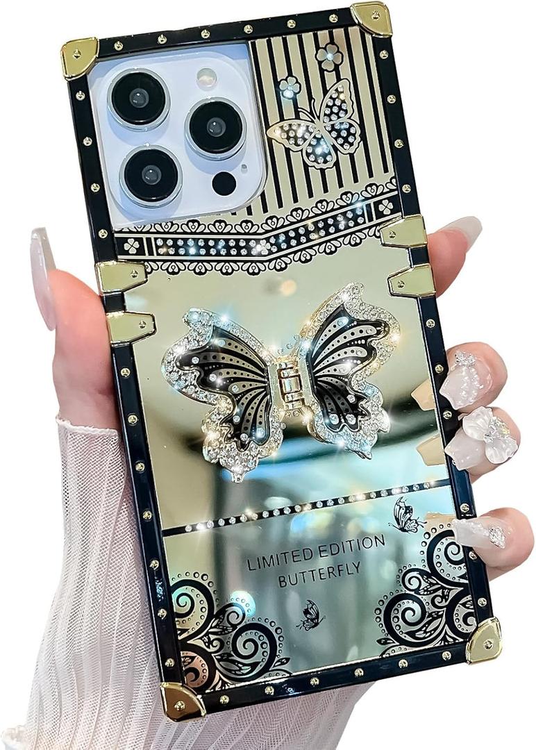 Cute Compatible with iPhone 14 Pro Case, Luxury Bling Butterfly Design with Foldable Stand Kickstand for Women & Girls, Glossy Mirror Shockproof Protective Case 6.1 (Black)