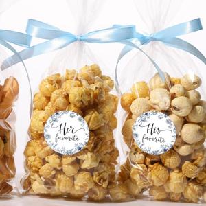 Chivertion 100 Set His Her Favorite Stickers with Popcorn Bags 5x11 Inch Treat Candy Cookie Bags for Bridal Shower Wedding Favor Treat Candy Stuffers Packaging(Blue,Ribbon)