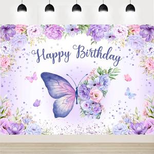 Butterfly Birthday Backdrop for Girls Women 7x5Ft Purple Butterfly Birthday Banner Decorations Purple Backdrop Party Decor (84x60 inch)