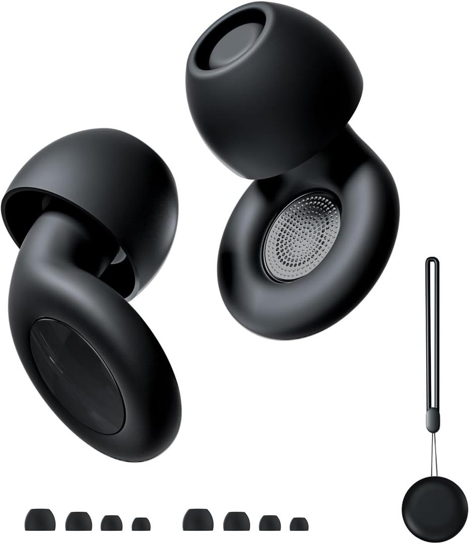 30dB Reusable Noise Cancelling Ear Plugs for Sleeping, Travel, Focus, Work, Concerts - Silicone Hearing Protection Earplugs with 8 Ear Tips, Storage Case and Lanyard (Black) (Medium)