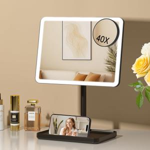 FUNTOUCH Vanity Mirror with Lights for Women Girls, Makeup Mirror Christmas Birthday Gifts for Adult Teen Kid,Detachable 40X Magnification for Vanity Desk Tabletop, Black