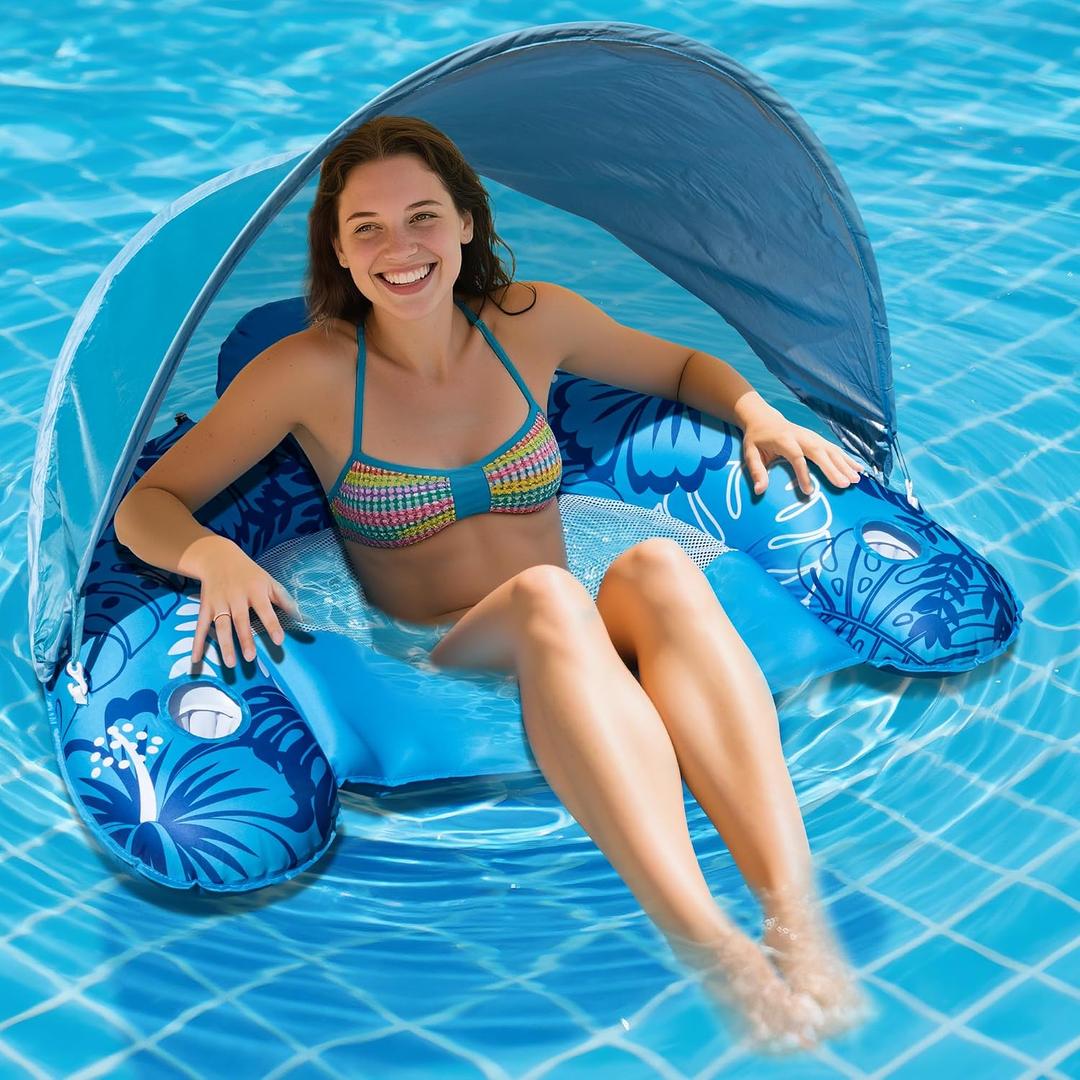 Inflatable Fabric Covered Pool Float Adult with UPF50+ Sunshade Canopy & Cup Holders,Large Water Lounger Float Recliner Chair for Pool Party Lake Beach