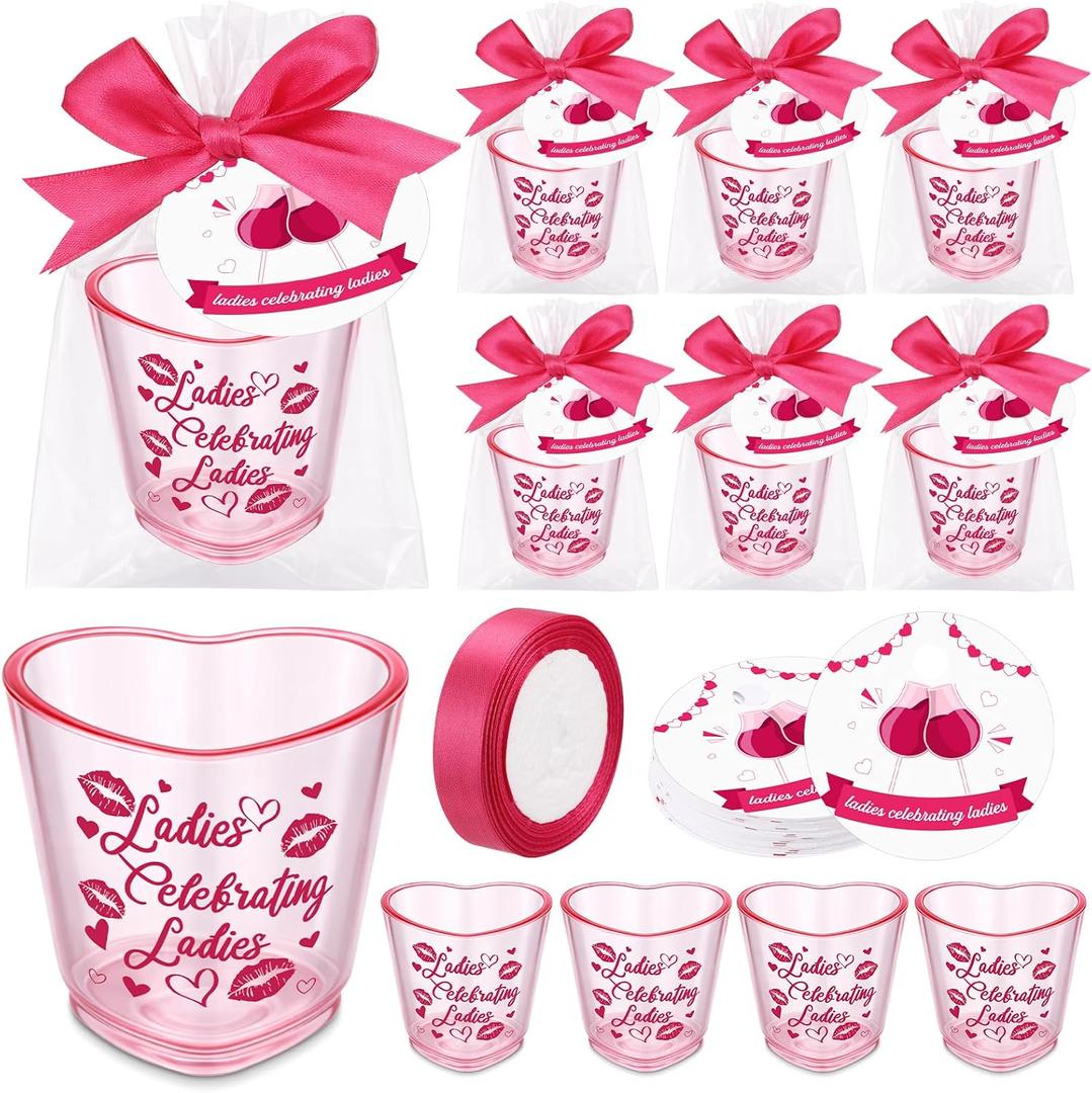 30 Sets Girls Night Party Favors Bulk Ladies Celebrating Ladies Shot Glasses Heart Shaped Plastic Shot Cups with Gift Card Bag for Friends Besties Bachelorette Party Decorations