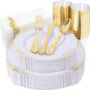 Nervure 175PCS White and Gold Plastic Plates  Disposable Dinnerware Set Include 50 Gold Plates for Dinner and Dessert, 75 Cutlery, 25Cups 25Napkins for Wedding & Party & Thanksgiving