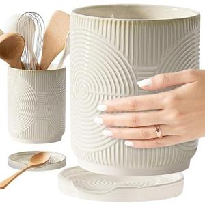 Swkien Utensil Holder, 7.2" Kitchen Utensil Holder for Counter, 2-in-1 Ceramic Cooking Utensils Holders with Spoon Rest, Utensil Crock for Spatula, Ideal Housewarming Gift (Beige)