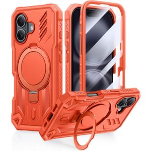 FNTCASE for iPhone 16 Phone Case: Magnetic Phone Cases with [Ring Kickstand] [Built-in Screen Protector] [Heavy Duty Military Grade Protection] Shockproof Rugged Protective Cell Phone Cover Orange
