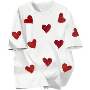 Women's Heart Rhinestone Graphic Tees Short Sleeve Crew Neck Casual T Shirt Tops