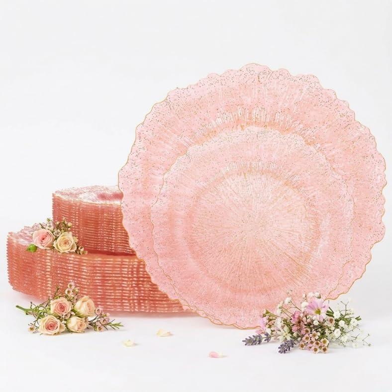 U-QE 60PCS Pink Plates for Party - Pink Plastic Plates Disposable Heavy Duty - Clear Pink Plastic Plates for Mother's Day Including 30 Plastic Dinner Plates 10" & 30 Plastic Dessert Plates 7"