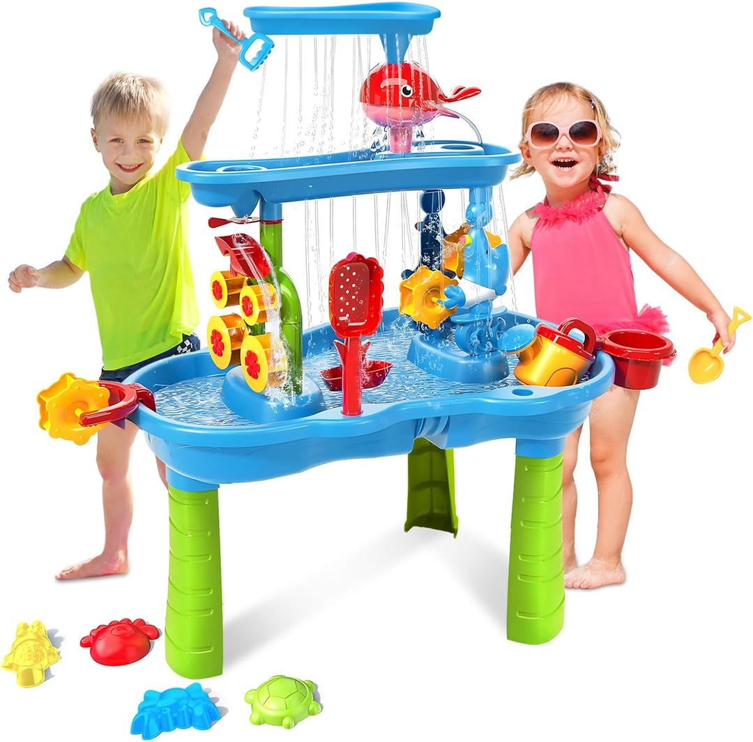 Water Table for Toddlers 3-5 | 3-Tier Kids Water Table Toys, Outdoor Water Table with Rain Showers Splash Pond for Beach Backyard Summer, Sensory Play Table for Boys Girls