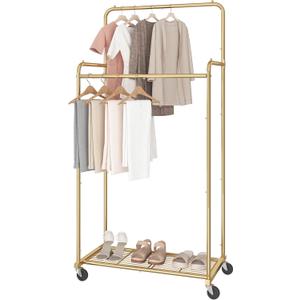 Simple Trending Double Rod Clothes Garment Rack, Heavy Duty Clothing Rolling Rack on Wheels for Hanging Clothes,with 4 Hooks, Gold