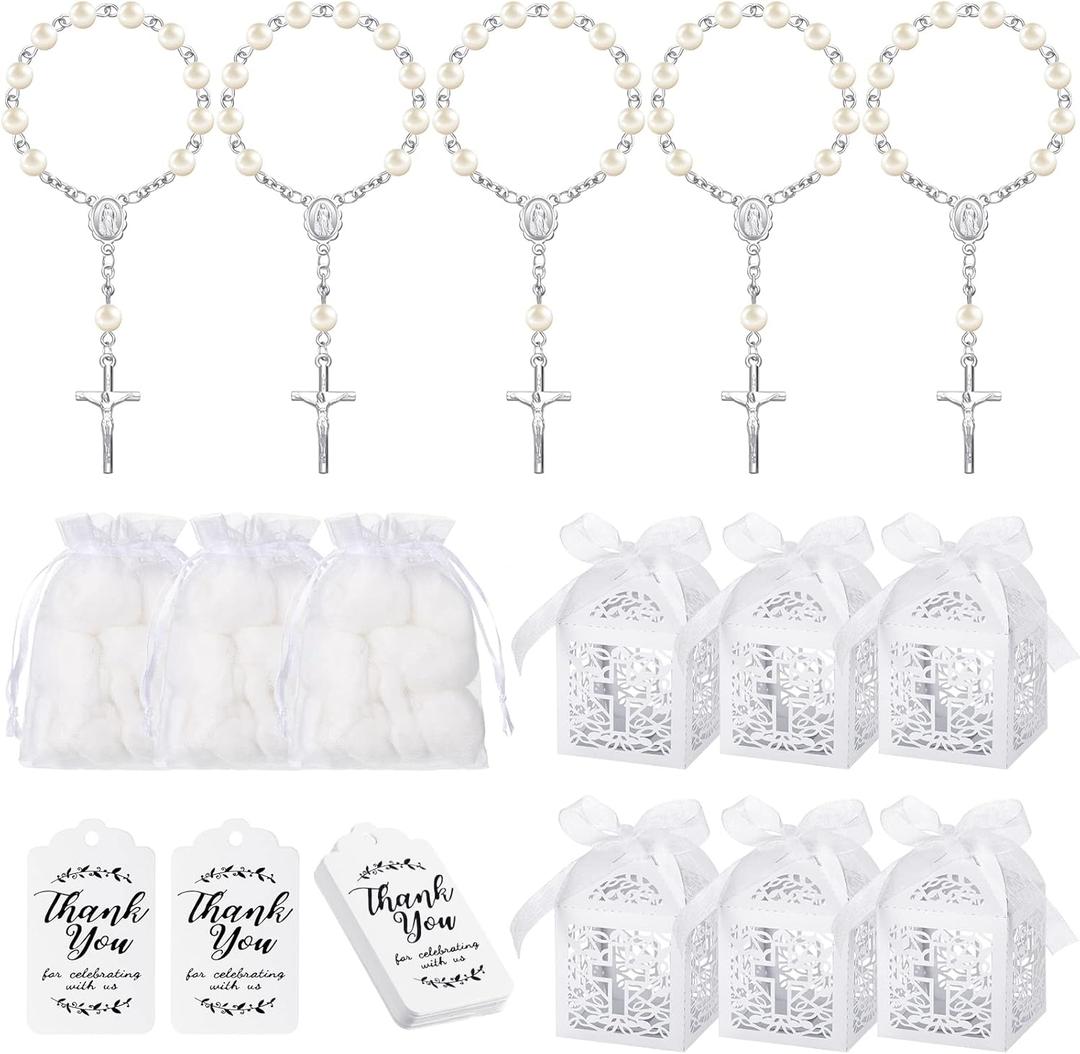 MTLEE 100 Piece Baptism Set Includes Mini Rosary Favors, Favor Boxes, Organza Bags, Thank Tags - Christian Gifts (Silver)