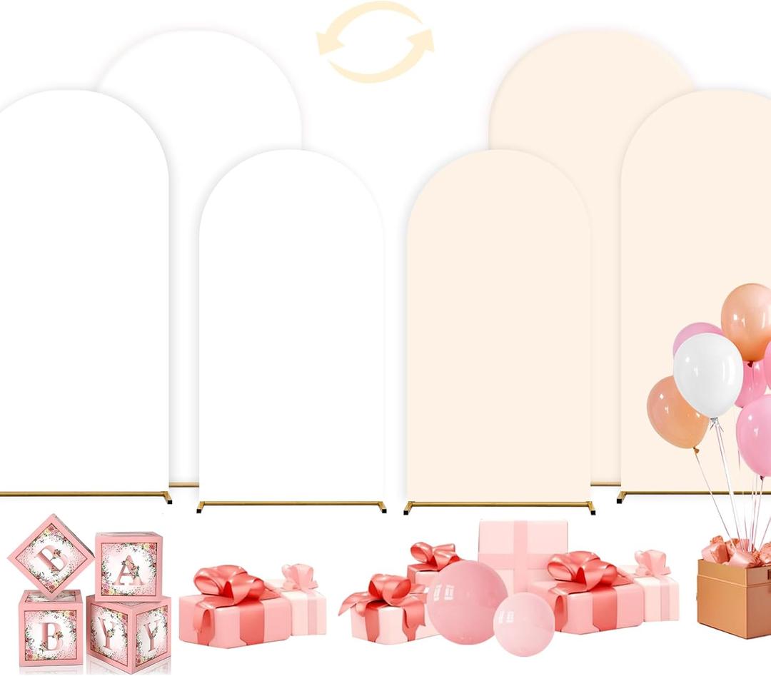 Wedding Arch Cover,Set of 3 (7.2ft+6.6ft+6ft) Double Color Cover Spandex Fitted Arch Stand for Birthday Party Baby Shower Wedding Stand Decoration (White+Beige)