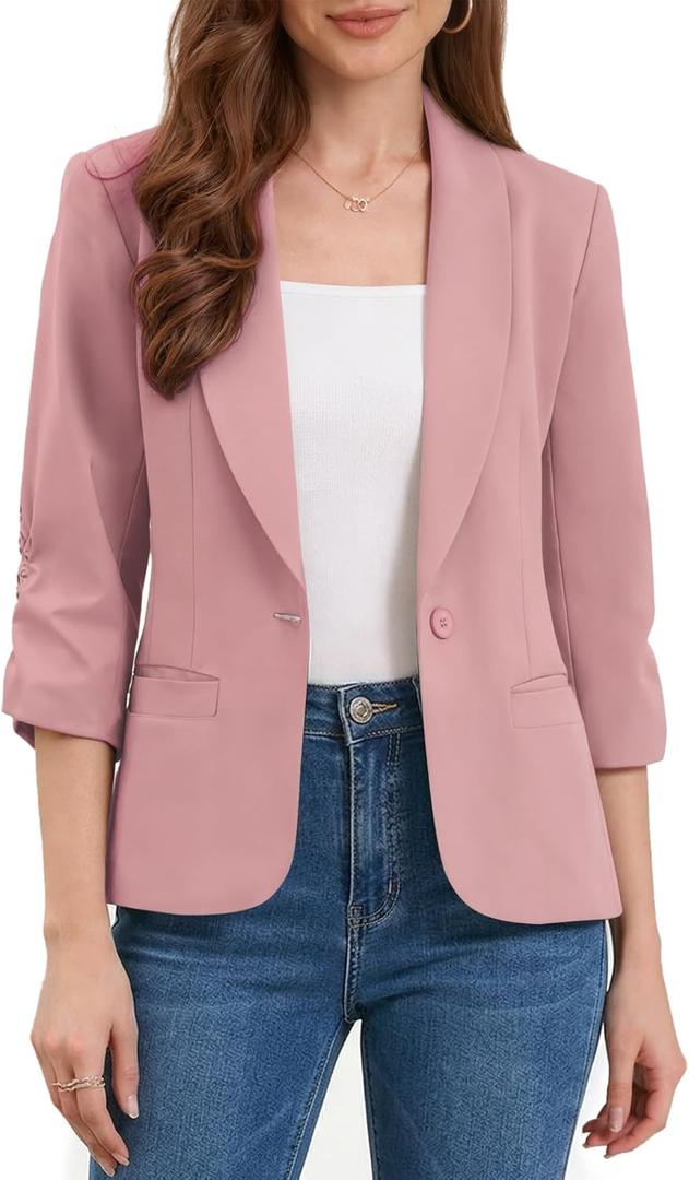 Allegra K Blazer for Women Business Casual Outfits Ruched 3/4 Sleeve Lapel Spring Dressy Suit Jackets with Pockets, X-Small, Pink