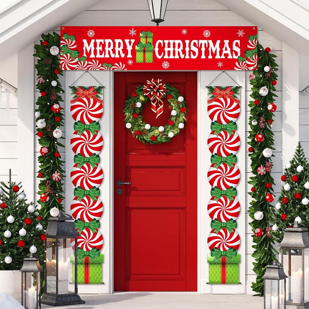 Buryeah 3 Pcs Christmas Decoration Outdoor Porch Sign for Front Yard Hanging Banner Merry Christmas Candy Shaped for Xmas Supplies Indoor Outdoor Xmas Decor, 12 x 71 Inch