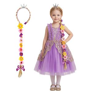 Kids Costume Wig, Rapunzel Wig for Kids, Tiara Headband Girls Tangled Braid with Colorful Flowers, Halloween Christmas Parties Rapunzel Costume Hair for Girls