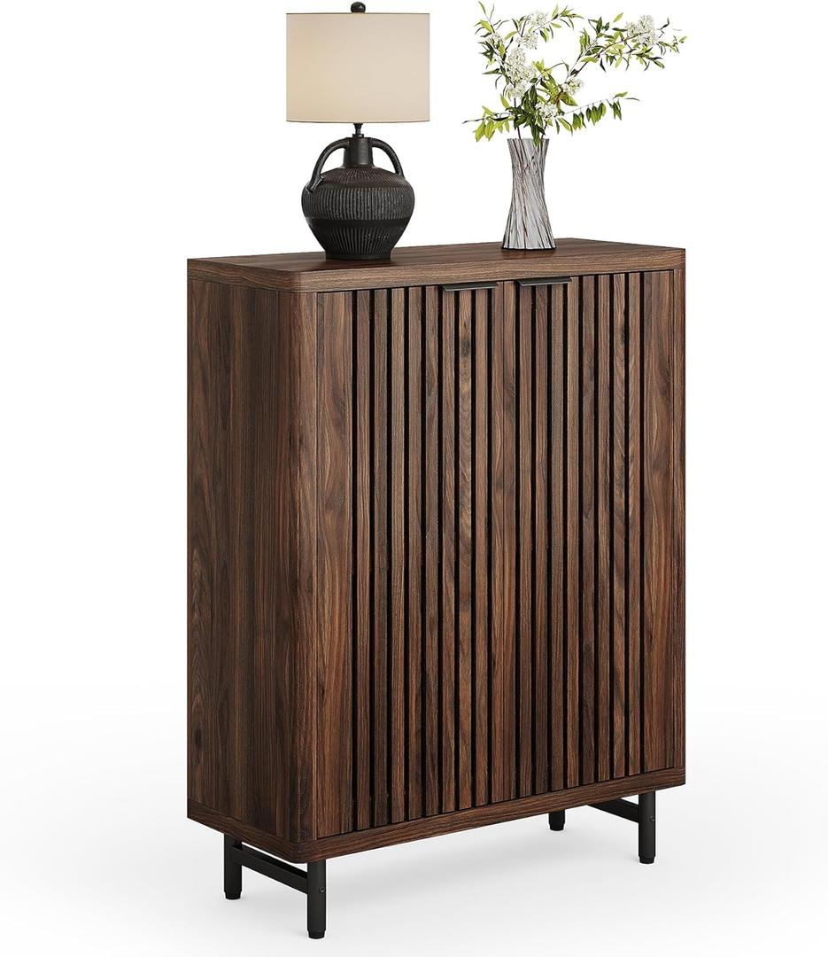 LITTLE TREE 6-Tier Shoe Cabinet with Doors for Up to 24 Pairs, Large Wooden Shoe Storage Cabinet with Adjustable Shelves, Retro Freestanding Shoe Organizer Cabinet for Entryway, Hallway, Dark Walnut