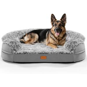 iweepet 3.7 inch Thicken Jumbo Orthopedic Dog Beds for Extra Large Dogs, Fluffy Calming Plush Dog Sofa Bed with Curved Bolster Support, Removable Washable Cover, Waterproof Lining, 48,Grey