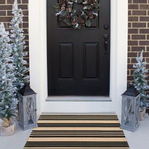 Black and Khaki Striped Outdoor Rug 24"x35", Cotton Hand-Woven Foldable Front Door Mat, Washable Reversible Layered Door Mats for Entryway Porch Decor Home Entrance