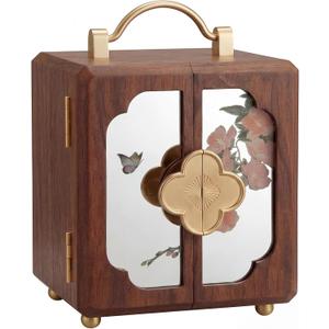 Novabright Black Walnut Jewelry Box 4 Layers of Storage Wooden Jewelry Organizer with Brass Handle and Mirrored Flowers Double Door Design for Earring Ring Necklace Bracelets Watches