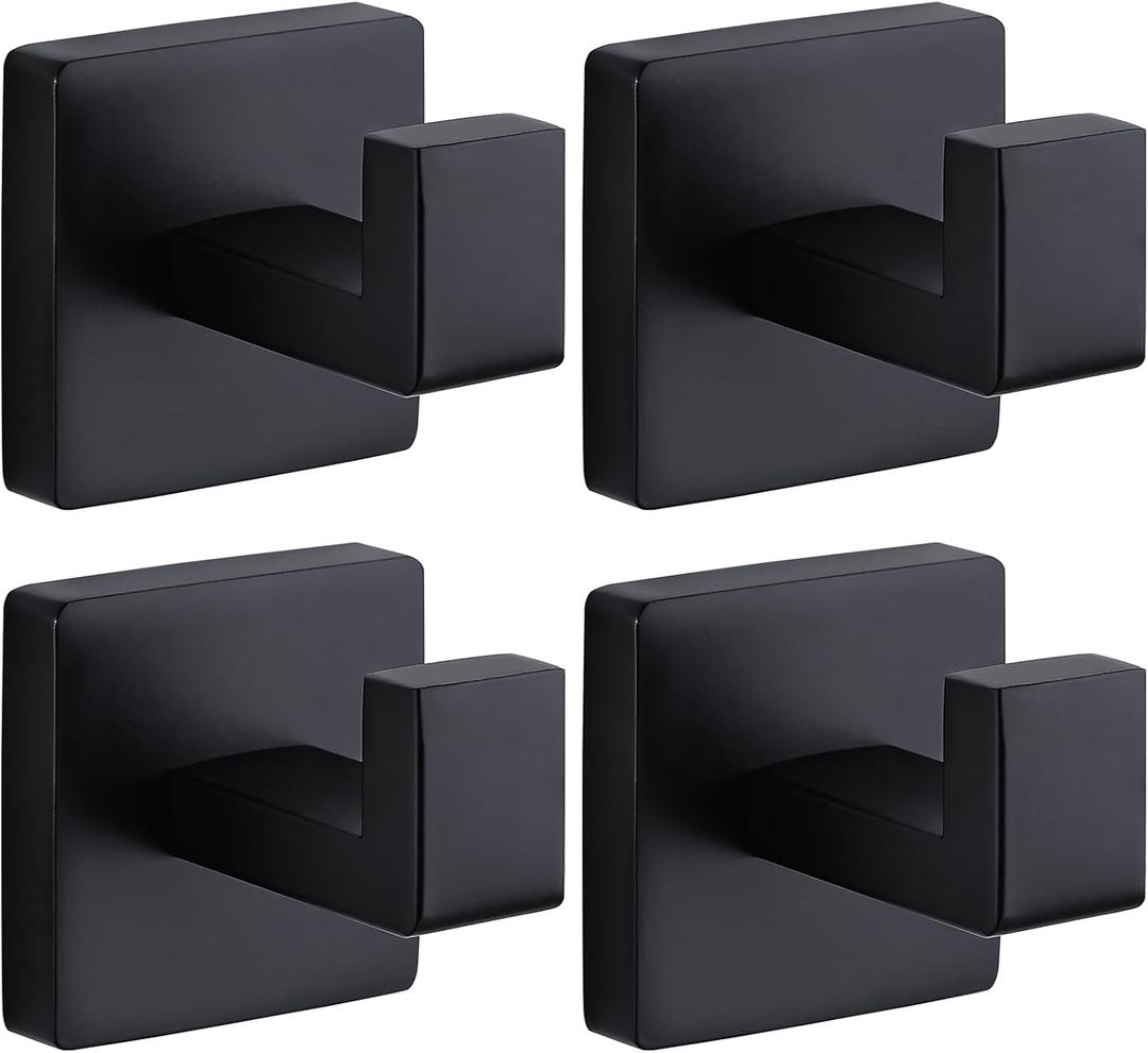 Towel Hooks for Bathrooms Robe Hook Coat Hook 4 Pack Matte Black Stainless Steel Heavy Duty Wall Mounted Square Hooks for Bathroom Kitchen Bedroom