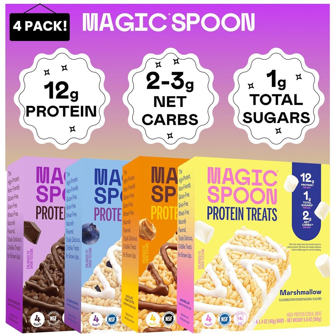 Magic Spoon Treats - 16 High Protein Bars: 4 Blueberry Muffin, 4 Double Chocolate, 4 Marshmallow, 4 Chocolate Peanut Butter - High Protein Gluten Free Snack - Sugar & Gluten Free Protein Cereal Bar, Exp: Sep 25 2026