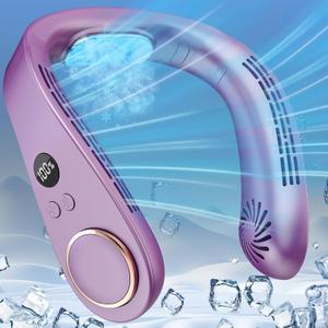 Personal Neck Fans that Blow Cold with Cooling Plate, Wearable Around Bladeless Cooling Device, Rechargeable Head Neck Coolers for Kids Women Men Extremely Hot Weather Outdoor Indoor, Purple