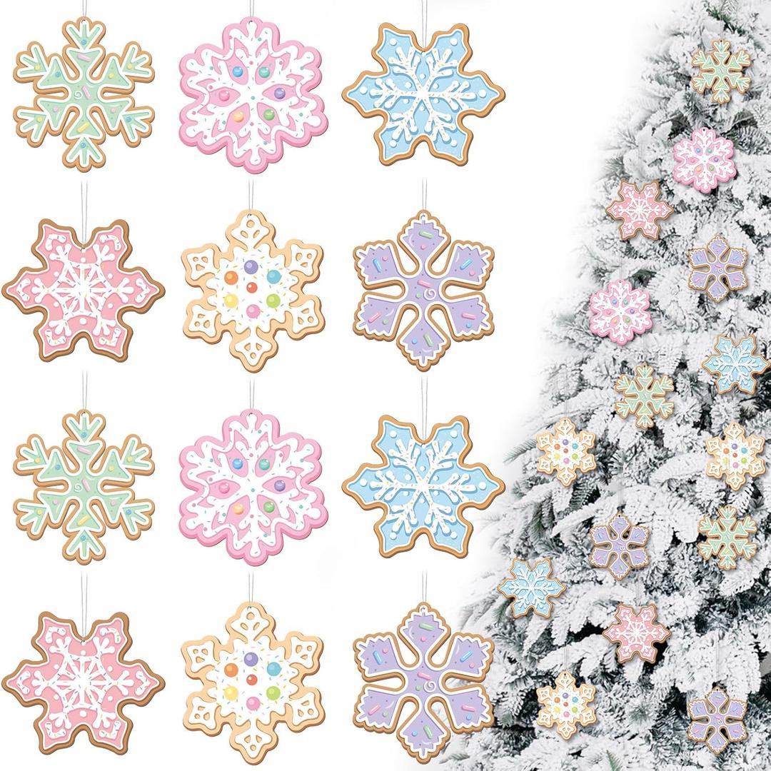 Woanger 60 Pcs Pastel Candy Snowflakes Christmas Tree Hanging Ornaments Wooden Macaron Xmas Candy Snowflake Ornaments for Christmas Tree Wedding Party Winter Party Ceiling Hanging Decor