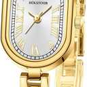 HOLSTOUR Gold Sliver Watches for Women, Vintage Oval Small Face | 30M Waterproof, Elegant Dress Quartz, Roman Numerals, Shiny Jewelry Clasp Bracelet
