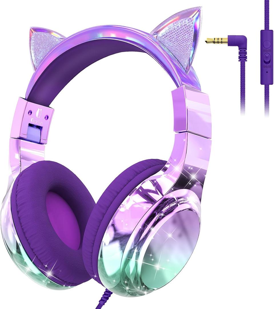 QearFun Kids Cat Ear Headphones Wired with Mic, 85/94dB Safe Volume Limit, Sparkly Wired Headset, Foldable, Sharing Port & Tangle-Free Cord for School, Chromebook, Tablet, Travel, Boys & Girls