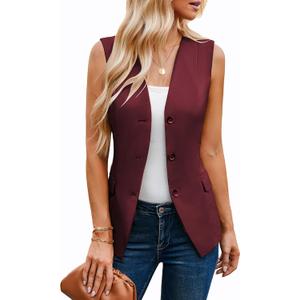 GRACE KARIN Women 2025 Button Down Sleeveless Vest Blazers Fully Lined Open Front Work Vest Tops Outwear Pocket (Small, Wine)