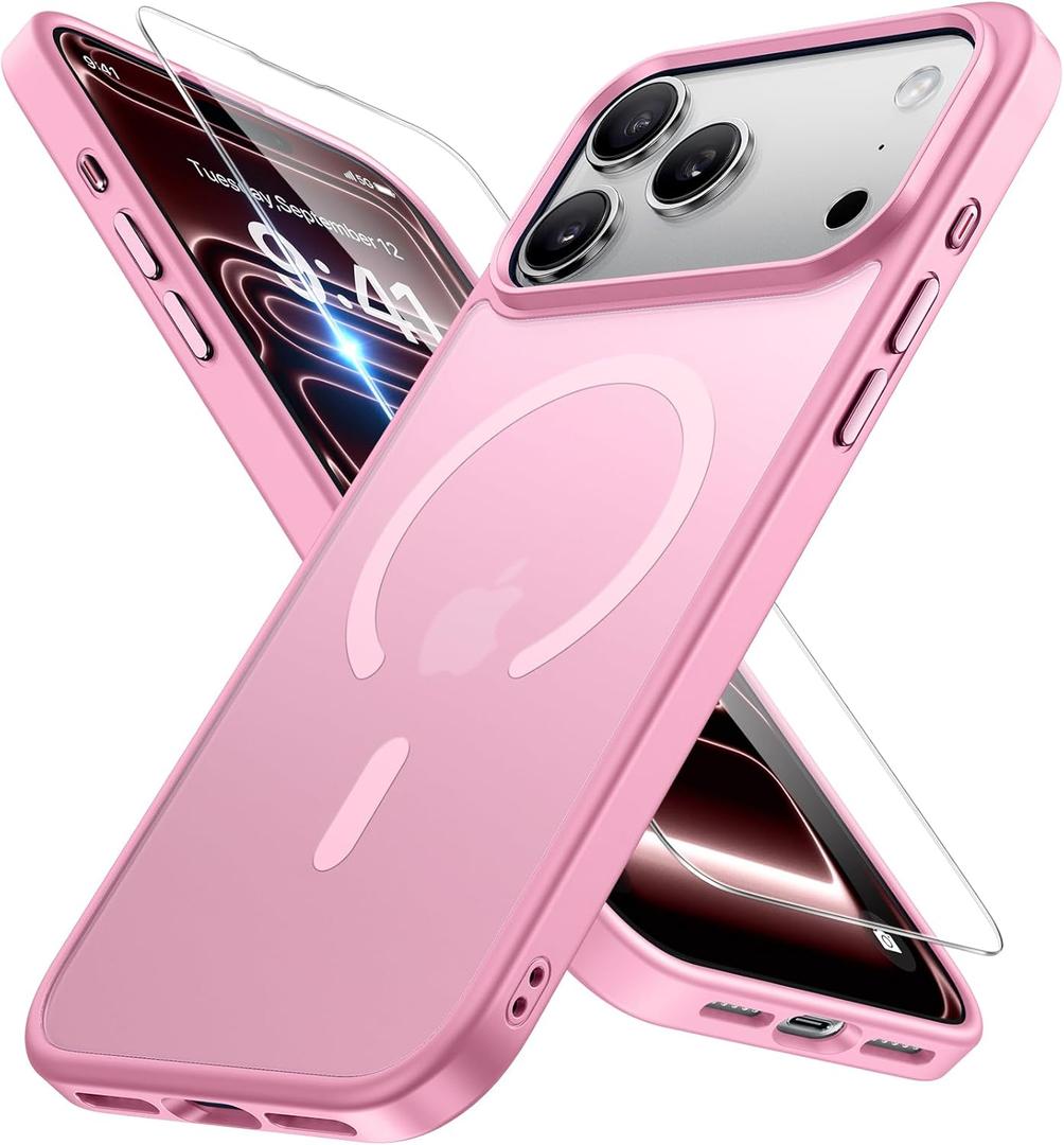 Miracase Magnetic for 17 Pro Case 6.3" with Screen Protector, [Compatible with MagSafe] Military-Grade Protection, Anti-Fingerprint, Slim Thin Phone Case for 17 Pro Cover, Mes Pink