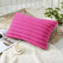 decorUhome Summer Cozy Faux Fur Throw Pillow Covers 12x20 Set of 2 Decorative Soft Plush Striped Lumbar Modern Farmhouse Boho Couch Pillow Cases with Velvet Back for Sofa Bed Living Room, Hot Pink