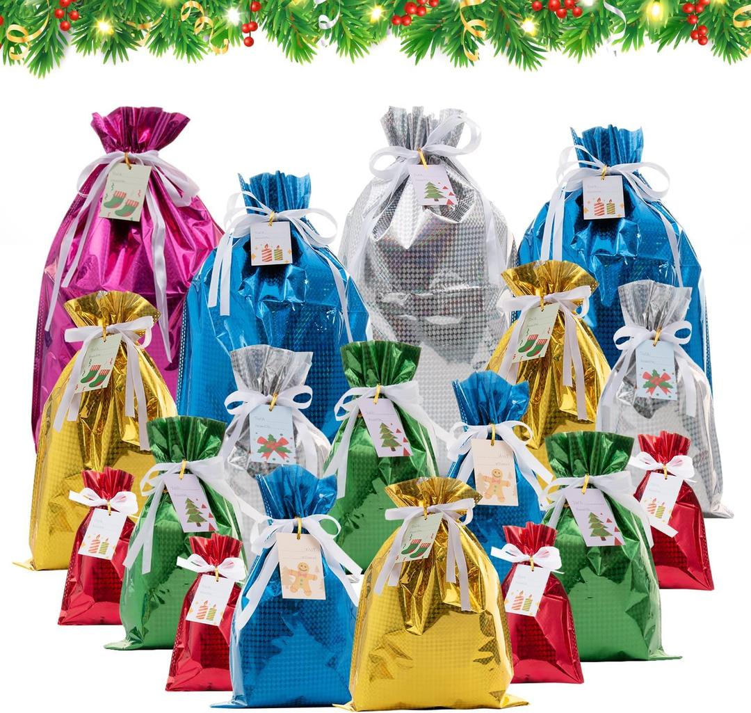 YaaBi Christmas Drawstring Gift Bags - 18 Pcs Fast Wrapping Reusable Foil Gift Bags with Tags for Holiday Party Birthday Presents (Assorted Sizes)