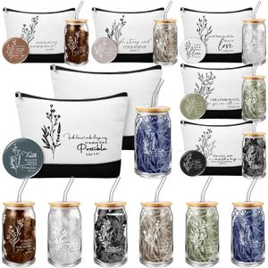 Fumete 6 Sets Christian Gift Sets for Women Mothers Day Church Gift Glass Cup Tumblers Lid Straw Makeup Bag Religious Mini Mirror Bulk for Sunday School Teacher (Boho Flower Bible, White)
