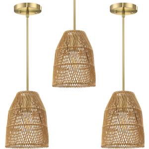 3 Pack 1 Light Industrial Vintage Nature Rattan Lantern Cage Hanging Pendant Ceiling Light,Brushed Bronze Finish for Kitchen Island,Living Room,Dining Room,Over Sink