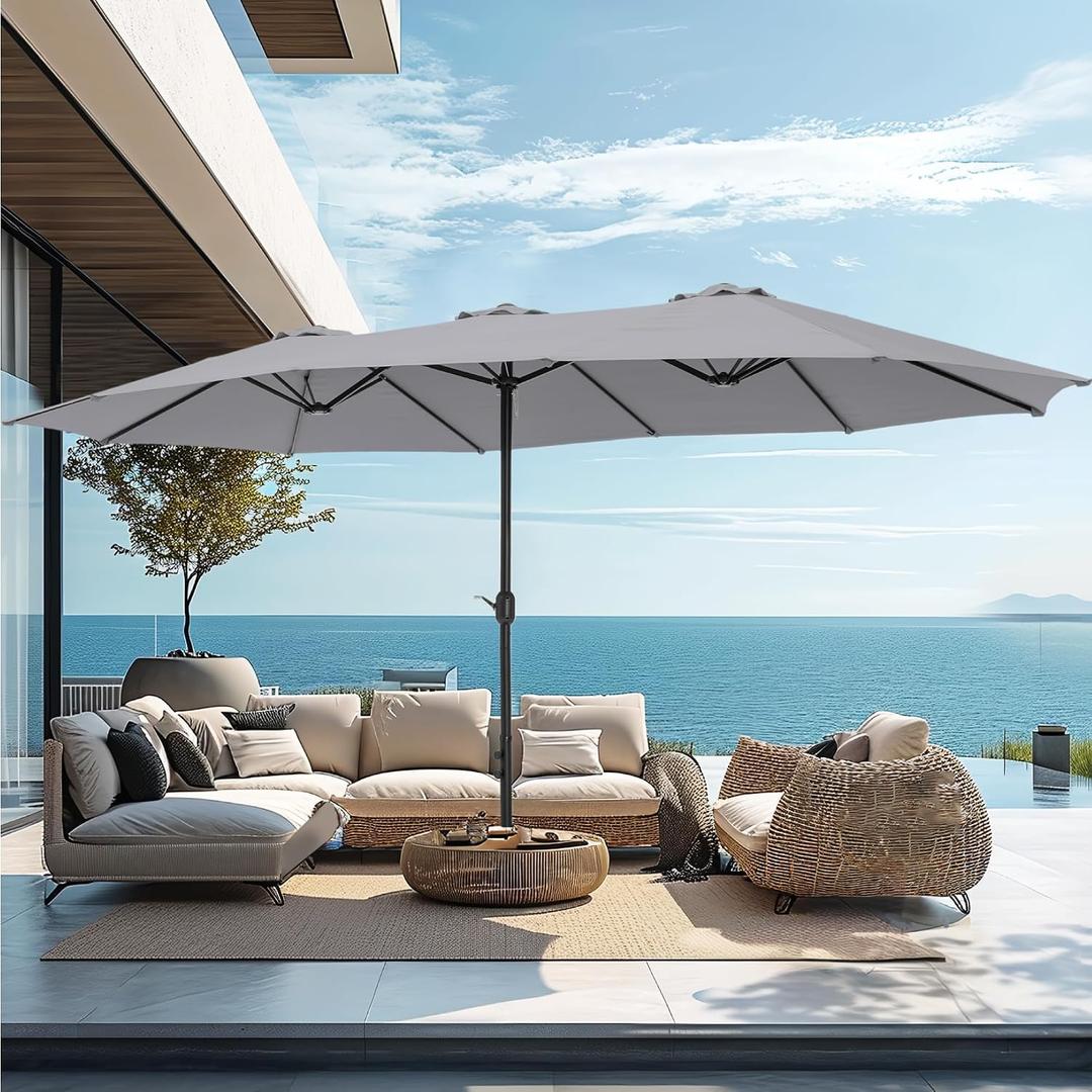 PHI VILLA 15ft Large Patio Umbrellas with Base, Outdoor Double-Sided Rectangle Market Umbrella for Pool Lawn Garden, Light Gray
