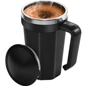 Self Stirring Coffee Mug with Temperature Display, 18 oz Rechargeable Self Stirring Mug with Lid, Automatic Self Stirring Cup, Coffee Mug with Stainless Steel for Coffee, Milk, Beverages, Black