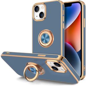 Hython for iPhone 14 Case with Ring Stand [360 Rotatable Ring Holder Magnetic Kickstand] [Support Car Mount] Plated Gold Edge Slim Soft TPU Luxury Shockproof Protective Phone Case Cover, Blue Gray