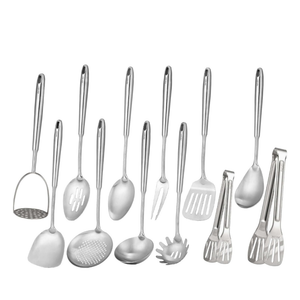 304 Stainless Steel Kitchen Utensils Set - 12 PCS Long All Metal Cooking Utensils & Large Serving Utensils - Potato Masher, Fork, Tongs, Tunner, Pasta, Serving Spoon, Skimmer, Ladle, Spatula Spoon Set