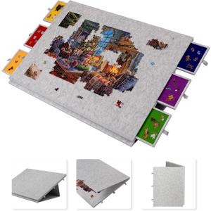 Lavievert 2000 Piece Tilting & Foldable Puzzle Table with 2-in-1 Designed Stand & Cover, Lightweight Felt Puzzle Plateau with 6 Colored Drawers, Portable Jigsaw Puzzle Board for Adults Light Gray, 40.9 x 30.7 inches