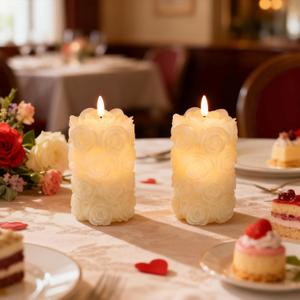 LUSHARBOR Rose Flameless Candles with Remote, Battery Operated Candles Rose Flower for Valentine's Day LED Pillar Candles Battery Powered for Mothers Day & Weddings, Set of 2 Ivory