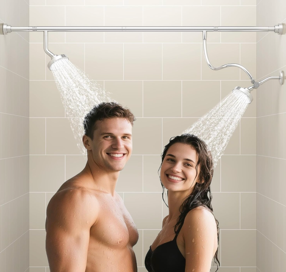 NTPN Dual Shower Head for Couples, High Pressure Double Shower Heads for Two People Rod, Two Showerhead System Fit 2 Person, Birthday Gifts for Women Men, SpaLike (Chrome) Segmented Design