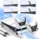 PS5/Slim/Pro Horizontal Stand with Cooling Fan & Charger for Original & Edge Controllers, Scalable Design PS5 Accessories Base with EVA Foams for All PS 5 Disc & Digital, PS 5 Sideways Stand White