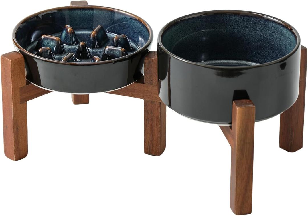 Havniva 0.9 Cup Elevated Slow Feeder Dog Bowls, 6.1 Dog Slow Feeding Bowls + 6.1 Ceramic Dog Water Bowls Set with Acacia Wood Stand, Dog Food Bowls Puzzle Feeder for Small Dogs Non-Slip Anti-Choking