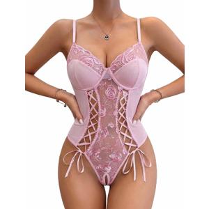 Avidlove Women's Lace Up Front V Neck Bustier Lingerie Sexy One Piece Teddy Lingerie Bodysuit Boudoir Outfit (XX-Large, Pink)