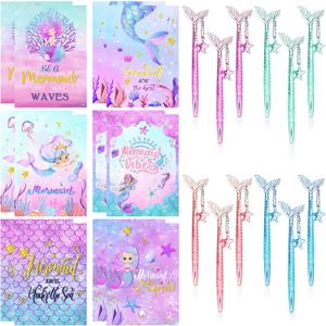 Teling 24 Pcs Stylish Mermaid Pen and Notepad 5 Inches 12 Cute Notepads 12 Black Ink Pen for Birthday Decorations, Party Favors, Kids Girls School Supplies